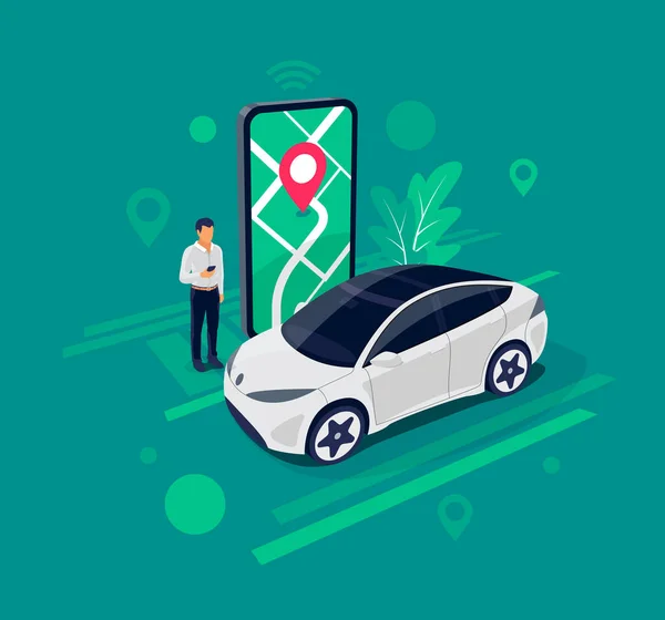 Vector Illustration Autonomous Online Car Sharing Service Controlled Smartphone App — Stock Vector