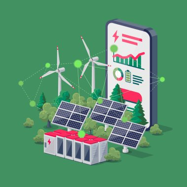 Akıllı telefon mobil enerji uygulaması. Cep telefonunda elektrik kontrolü izleme uygulaması var. Sürdürülebilir yenilenebilir enerji santrali güneş panelleri, rüzgar, pil deposu. Vektör illüstrasyonu