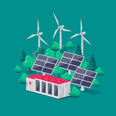 Renewable energy electric power station smart grid system. Flat vector illustration of photovoltaic solar panels, wind turbines and rechargeable lithium-ion battery energy storage for off-grid backup. clipart