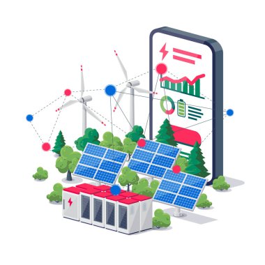 Akıllı telefon mobil enerji uygulaması. Elektronik izleme uygulamalı cep telefonu. Sürdürülebilir yenilenebilir enerji santrali güneş panelleri, rüzgar, pil deposu. İzole vektör illüstrasyonu