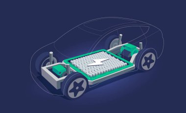 Şasinin içinde yüksek enerjili batarya hücreleri modüler platformu olan elektrikli bir araba. Kaykay modülü. Araç parçaları motorlu tren, kaporta tekerlekleri olan kontrolör. Vektör illüstrasyonu.