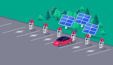 Electric car charging on parking lot area with fast supercharger station and many charger stalls. Vehicle on renewable solar panel power station electricity network grid. Flat vector illustration. clipart