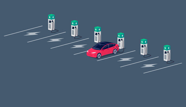 Электрический автомобиль зарядки на пустой стоянке с быстрой нагнетательной станции и много бесплатных зарядных киосков. Автомобиль на электрической сети. Изолированная плоская векторная иллюстрация на сером фоне.