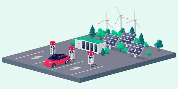 Carga Carro Elétrico Estacionamento Com Estação Supercharger Rápido Muitas Barracas — Vetor de Stock