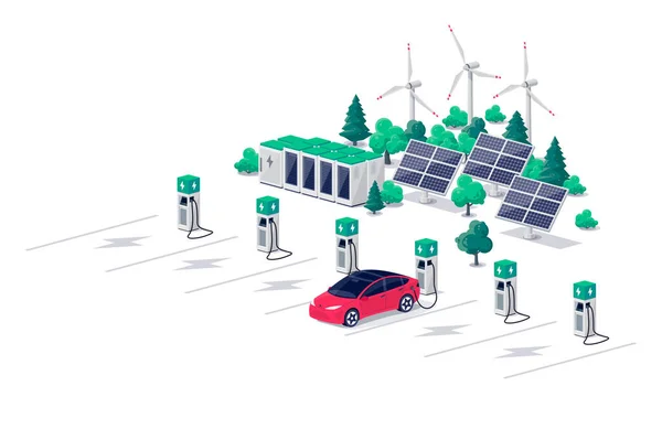 Elektrische Auto Opladen Parkeerplaats Met Snelle Supercharger Station Veel Lader — Stockvector