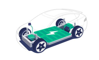 Modern elektrikli araba şasesi, tekerlekleri olan pil modülü platform kaykay modülü. Araç parçaları pil pili, motorlu tren, kumanda. İzole vektör illüstrasyonu.