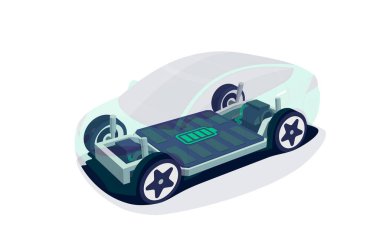 Yüksek enerjili akü hücreli elektrikli araba şasisi modüler platformu doldurur. Kaykay modülü. Araç parçaları motorlu tren, kaporta tekerlekleri olan kontrolör. İzole vektör illüstrasyonu.