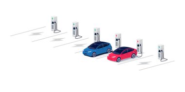 Elektrikli arabalar boş park alanına hızlı şarj istasyonu ve bir sürü ücretsiz şarj kabiniyle doluyor. Araç elektrik şebekesinde. Beyaz arkaplanda izole edilmiş düz vektör çizimi