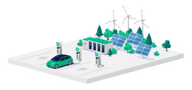 Otoparkta hızlı şarj istasyonu ve bir sürü şarj kabiniyle elektrikli araba şarj oluyor. Ağ şebekesindeki yenilenebilir güneş paneli rüzgar enerjisi depolama istasyonunda bir araç. Vektör illüstrasyonu.