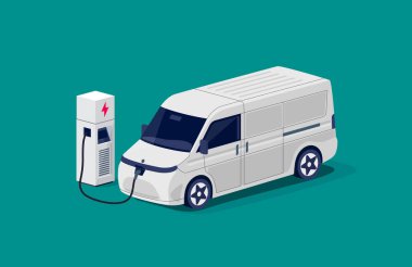 Elektrikli kargo kamyonu şarj kabloyla şarj oluyor. Nakliye kamyonu lojistik yük vagonunun düz vektörü. Elektrikli taşıma teslimatı e-hareketi.