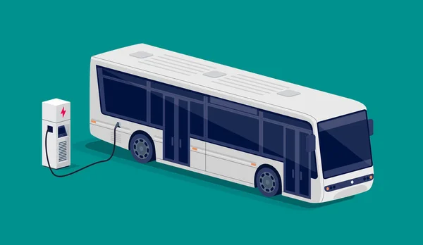 Isometrisk Vit Elektrisk Stad Buss Laddning Parkering Vid Laddningsstationen Med — Stock vektor