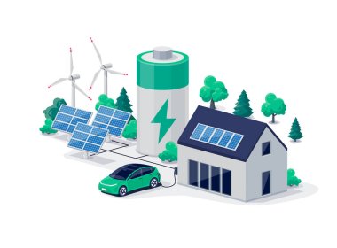 Home virtual battery energy storage with house photovoltaic solar panels plant, wind and rechargeable li-ion electricity backup. Electric car charging on renewable smart power island off-grid system. clipart
