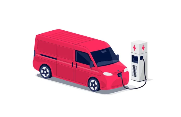 ケーブルのプラグで充電ステーションで赤い電気貨物バン充電駐車場 輸送トラックローリー物流貨物車の隔離されたフラットベクトル 電動輸送用デリバリーE Motion — ストックベクタ