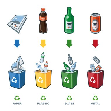 Recycling Bins for Paper Plastic Glass Metal Trash clipart