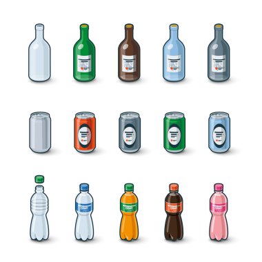 Resimde plastik cam şişe alüminyum kutular