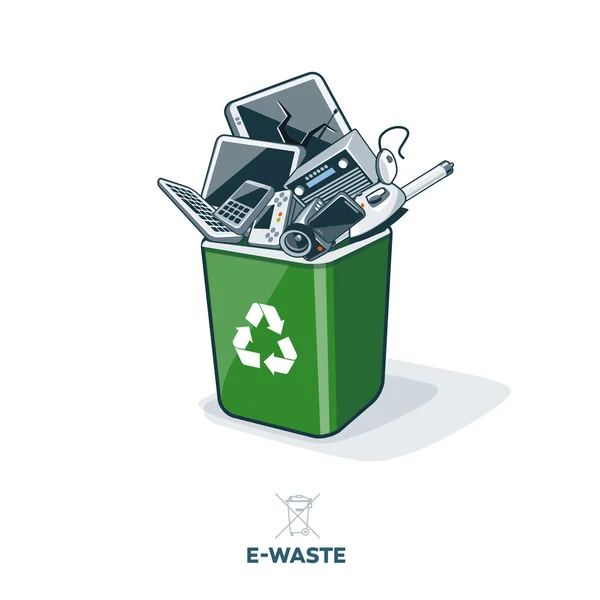 Residuos electrónicos en la papelera de reciclaje — Vector de stock