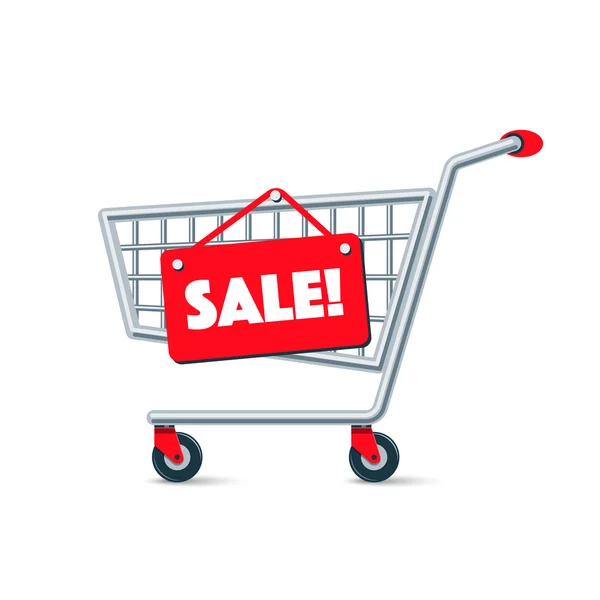 Carro de compras de alambre vacío con tablero de letrero de venta rojo — Vector de stock