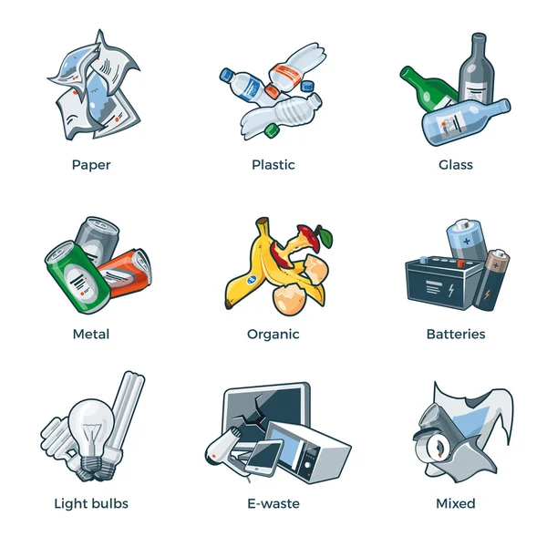 Déchets isolés Catégories de recyclage Types — Image vectorielle