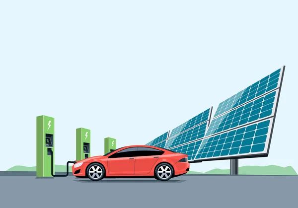 Carica auto elettrica presso la stazione di ricarica di fronte ai pannelli solari — Vettoriale Stock