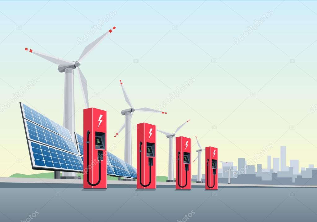 Electric Charging Station in front of the Windmills and Solar Panels