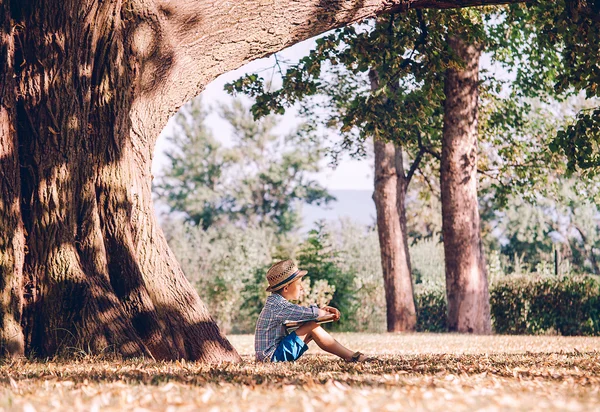 Garçon avec le livre se trouve sous le grand arbre — Photo