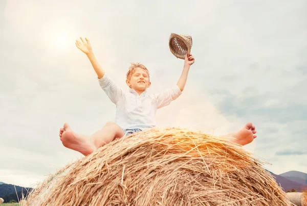 Jongen zit op de hooiberg — Stockfoto