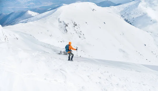 雪山の頂上を下るトレッキングポールを使用して明るいオレンジ色のソフトシェルジャケットを身に着けている高登山者 アクティブ人のコンセプトイメージ上のVelkyクリヴァン Slovakian Ttry — ストック写真