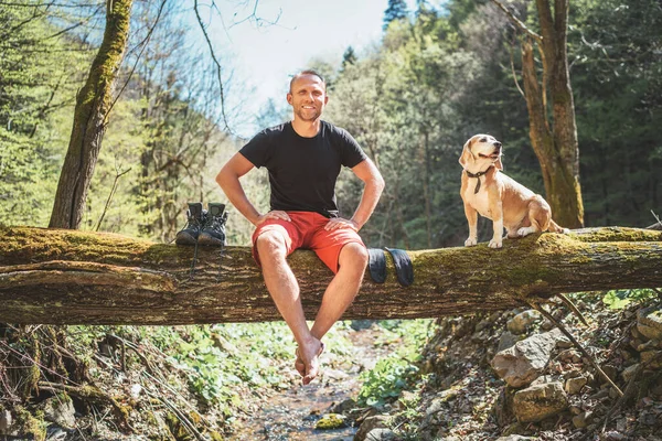 一个笑着的中年男子和他的猎犬狗坐在倒在山林溪边的树干上 等待着晾干衣服和远足靴 带着宠物的概念形象旅行 — 图库照片