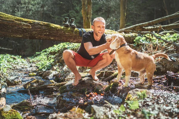 Leende Medelålders Man Klappa Sin Beagle Hund Nära Berg Skog — Stockfoto