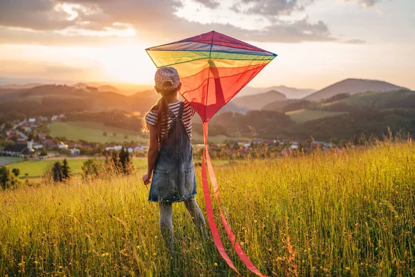 小女孩在草地上欣赏日落 准备彩色彩虹风筝玩具 准备飞翔 童年快乐时光或户外消磨时间的概念形象 — 图库照片