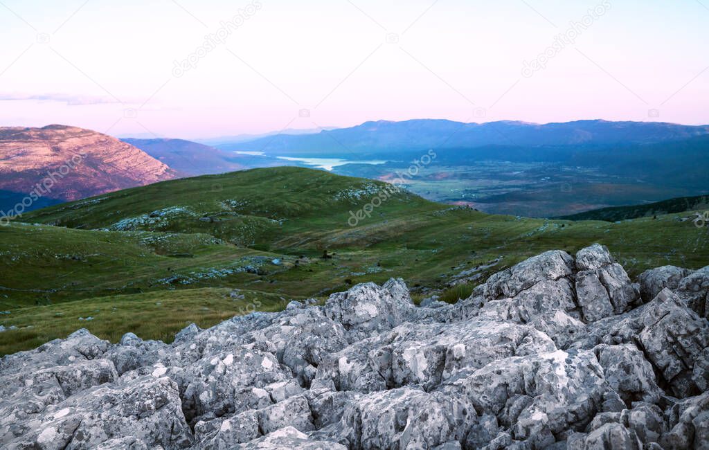 Landscape view from Sinjal or Dinara (1831 m) mountain - the highest point of Croatia in the Dinaric Alps on the border between the Republic of Croatia and Bosnia and Herzegovina.