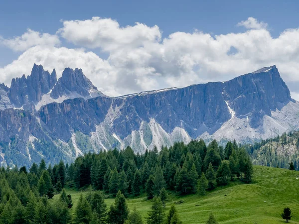 Malebná Dolomitská Alpská Formace Krajinná Fotografie Zelenými Smrky Cinque Torri — Stock fotografie