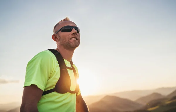 Portrait Active Mountain Trail Runner Dressed Bright Shirt Backpack Sport — Stock Photo, Image