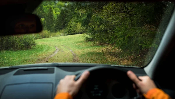 Driver Driving Modern Road Right Hand Drive Rhd Car Mountain — Stock Photo, Image