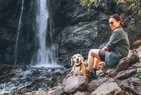 Leende Kvinnlig Hundägare Och Hans Vän Beagle Hund Vilar Nära — Stockfoto