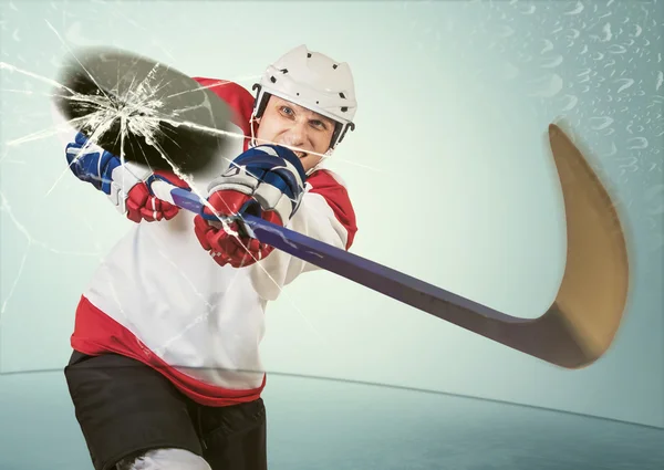 Hockey puck hit the opponent visor — Stock Photo, Image