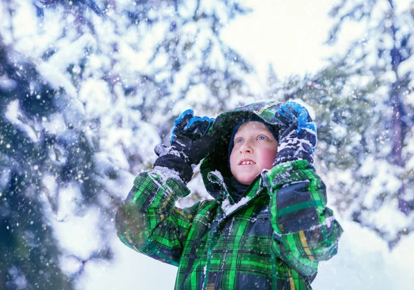 雪に覆われた森の少年 — ストック写真