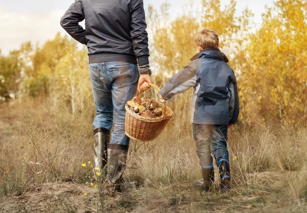 Pai e filho com cesta de cogumelos — Fotografia de Stock