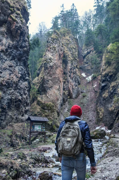 Dağ yağmur içinde traveler — Stok fotoğraf