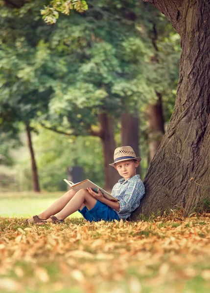 ツリーの下に座って本を持つ少年 — ストック写真