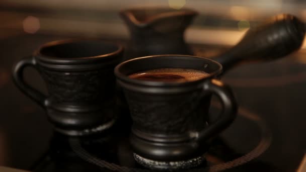 Morning coffee in clay crockery — Stock Video