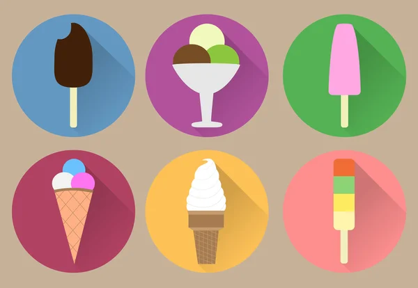 Vecteur plat six glaces. Popsicle, cône, sundae, eskimo, glace à la vanille — Image vectorielle