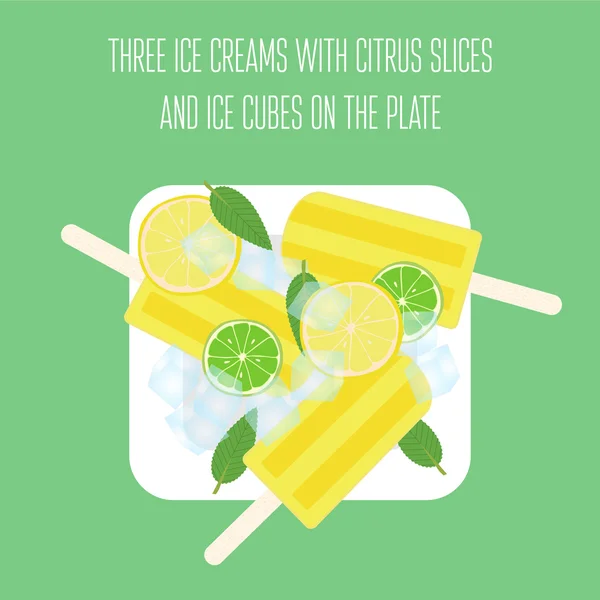 Ice creams popsicles with mint leaves, citrus slices and ice cubes — Stock Vector