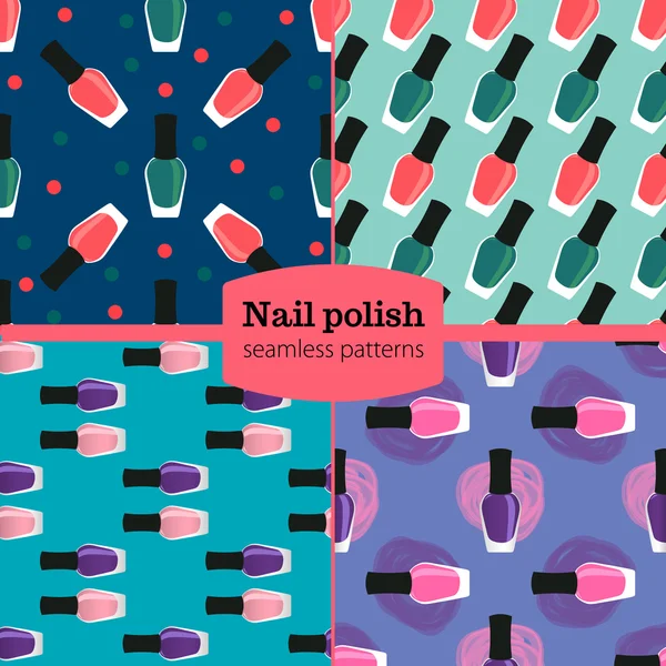 Nail lacquer or nail polish four seamless patterns set — Stok Vektör