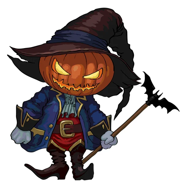 Halloween karakter Jack-o-lantaarn in een hoed en Carnaval middeleeuwse kostuum. — Stockvector