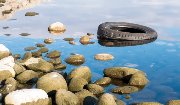 Tire in lake — Stock Photo, Image