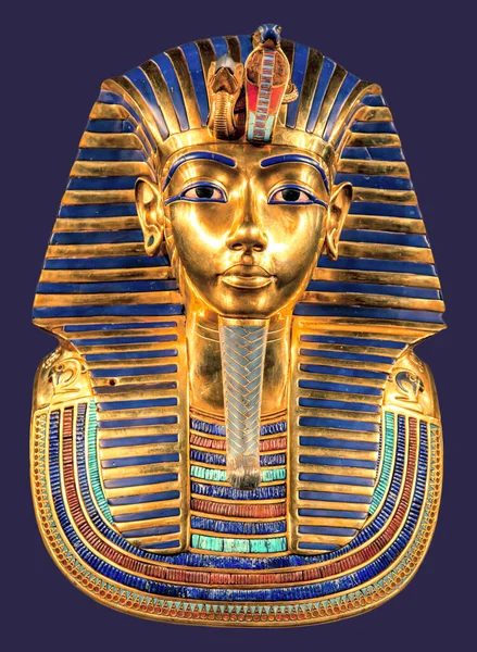 Egyptian pharaoh Tutankhamun\'s burial mask on blue background.