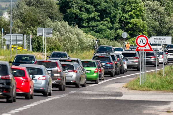 Ruzomberok Slovakia August 2021 Road Full Cars Due Traffic Jam — Stock Photo, Image