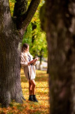 Güzel kız bir ağaca yaslanıyor ve sonbahar renkli parkta kitap okuyor.