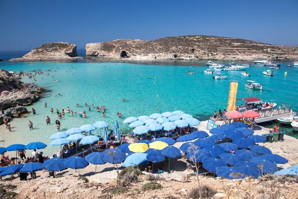 Ηλιοθεραπεία στο μπλε λιμνοθάλασσα - Comino, Μάλτα — Φωτογραφία Αρχείου